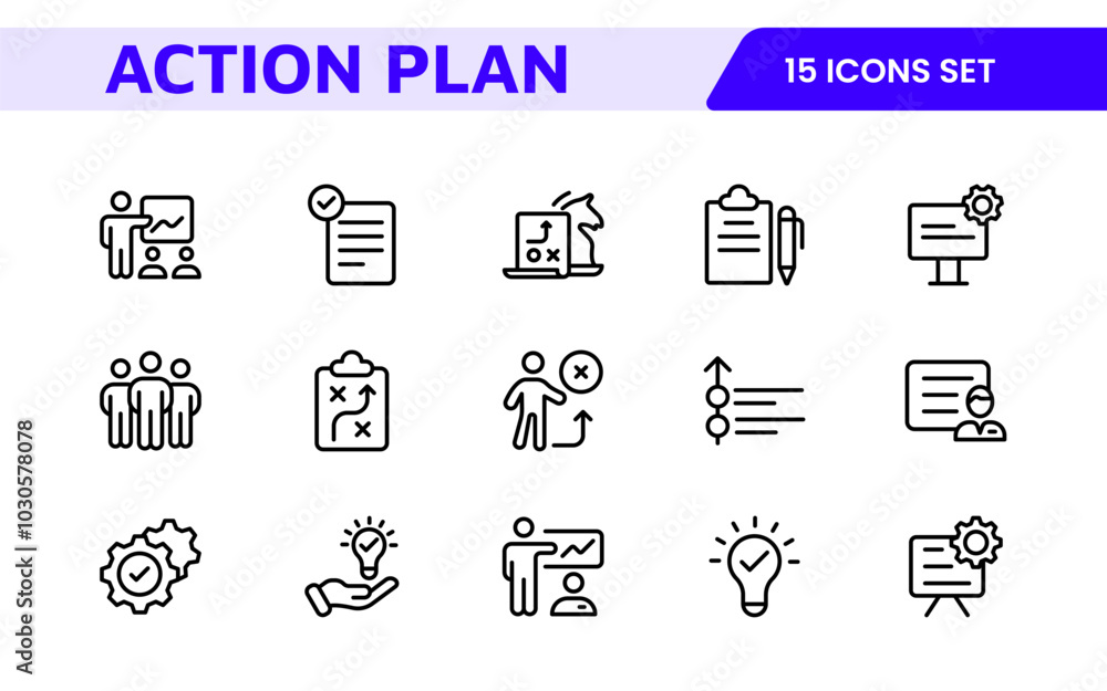 Line icons about action plan. Contains such icons as search strategy, target, scheme, timeline and workflow.Action plan set of web icons in line style. Strategy action planning icons. Line icons about action plan. Contains such icons as search strategy, target, scheme, timeline and workflow.Action plan set of web icons in line style. Strategy action planning icons.