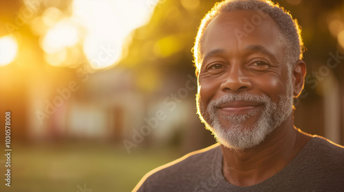 A close-up portrait of a senior man smiling in the golden hour light, his eyes crinkled with joy, reflecting a sense of fulfillment and embracing aging with grace.