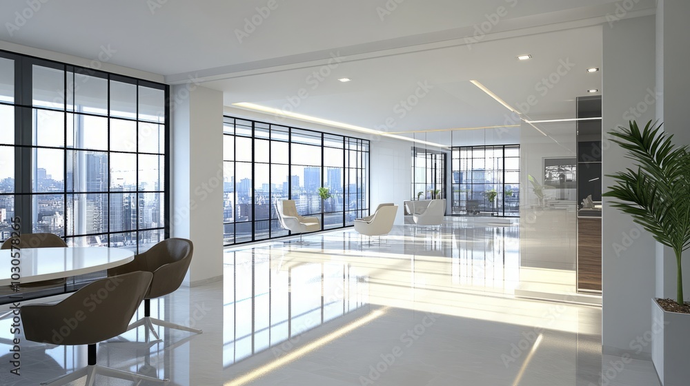 Fototapeta premium Modern office interior with city views and sleek design.