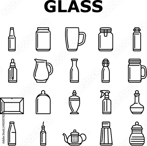 glass packaging bottle product icons set vector. food milk, pack box, jar cup, canister vial, jug, spray, lotion, salt glass packaging bottle product black contour illustrations