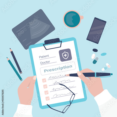 Doctor sit at desk and write prescription to patient. Medicine, health care concept. Pills, drugs and clipboard, top view. Pediatrician and pharmacist.