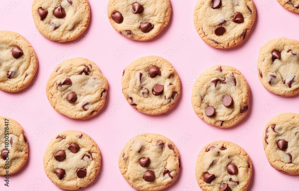 Many chocolate chip cookies on a pink background. Many chocolate chip cookies on a pink background.