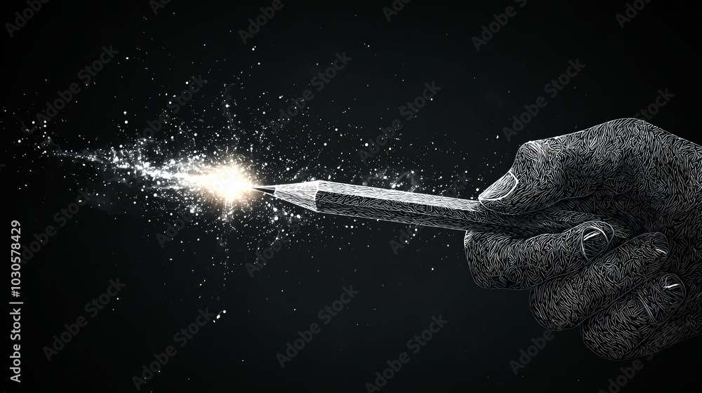 Hand holding a pencil creating a spark of inspiration. Hand holding a pencil creating a spark of inspiration.