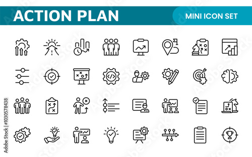 Line icons about action plan. Contains such icons as search strategy, target, scheme, timeline and workflow.Action plan set of web icons in line style. Strategy action planning icons.