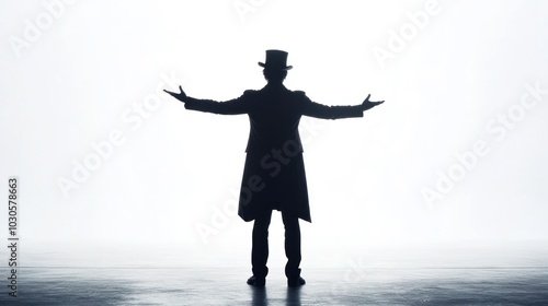 A magician in a black suit and black hat, seen from behind with arms outstretched standing against a white background. The image depicts a magician performing a magic trick