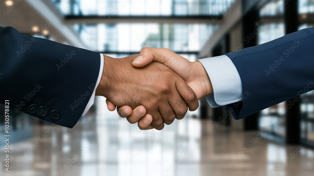 A handshake between two executives in a bright, spacious office with large glass windows and high ceilings, symbolizing trust, professionalism, and the successful conclusion of a d A handshake between two executives in a bright, spacious office with large glass windows and high ceilings, symbolizing trust, professionalism, and the successful conclusion of a d