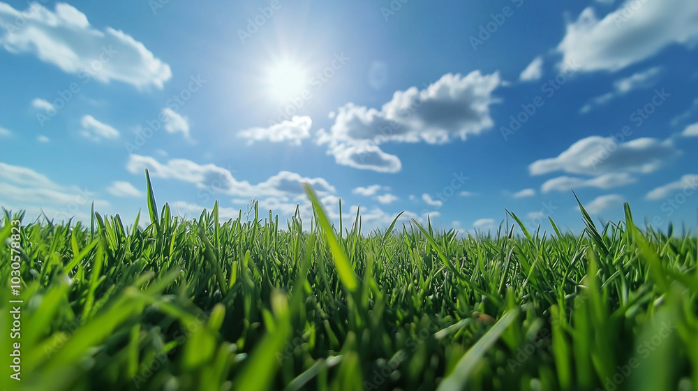 Fototapeta premium A lush, vibrant green field bathed in sunlight beneath a clear blue sky with scattered cumulus clouds, symbolizing the beauty and purity of nature.