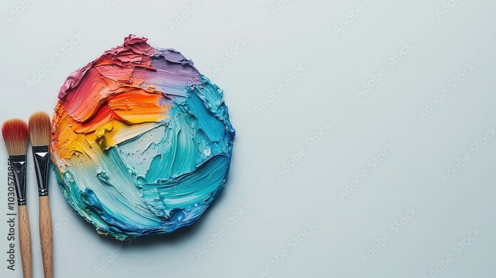 Vibrant palette of colors on a smooth surface with paintbrushes ready for artistic expression and creative inspiration Vibrant palette of colors on a smooth surface with paintbrushes ready for artistic expression and creative inspiration