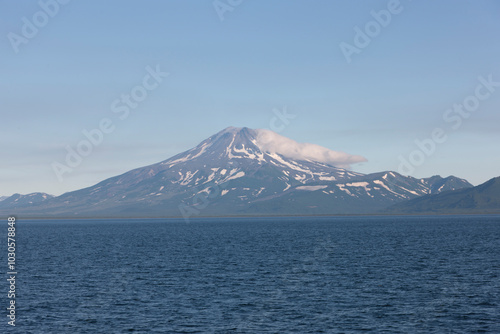 Russia Kuril Islands view from the sea on a sunny summer day