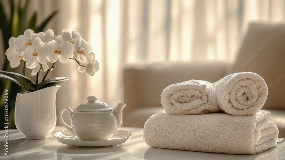 A tranquil setting with fresh towels, tea, and a blooming orchid in a softly lit space A tranquil setting with fresh towels, tea, and a blooming orchid in a softly lit space
