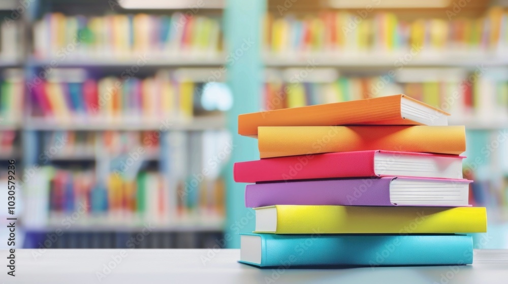 Colorful stack of books on library table in front of blurred bookshelves Colorful stack of books on library table in front of blurred bookshelves
