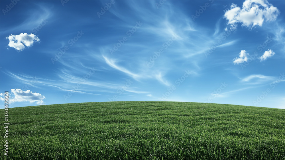 Fototapeta premium A panoramic view of a green field under a brilliantly blue sky with scattered clouds, capturing the beauty of nature, the freshness of the outdoors, and the sense of freedom.