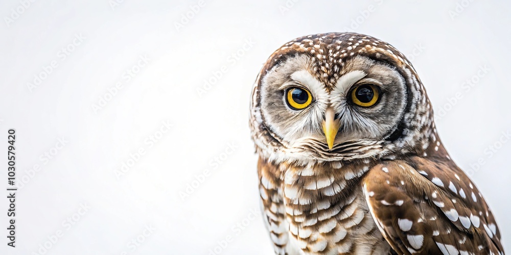 Obraz premium Highkey photography of a fisheye spotted owl set against a white background
