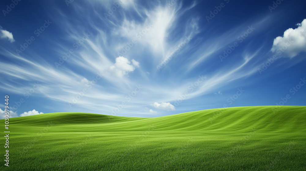 Obraz premium A sprawling field of green, stretching as far as the eye can see under a brilliant blue sky, with soft, white clouds lazily drifting across the horizon, evoking purity and natural