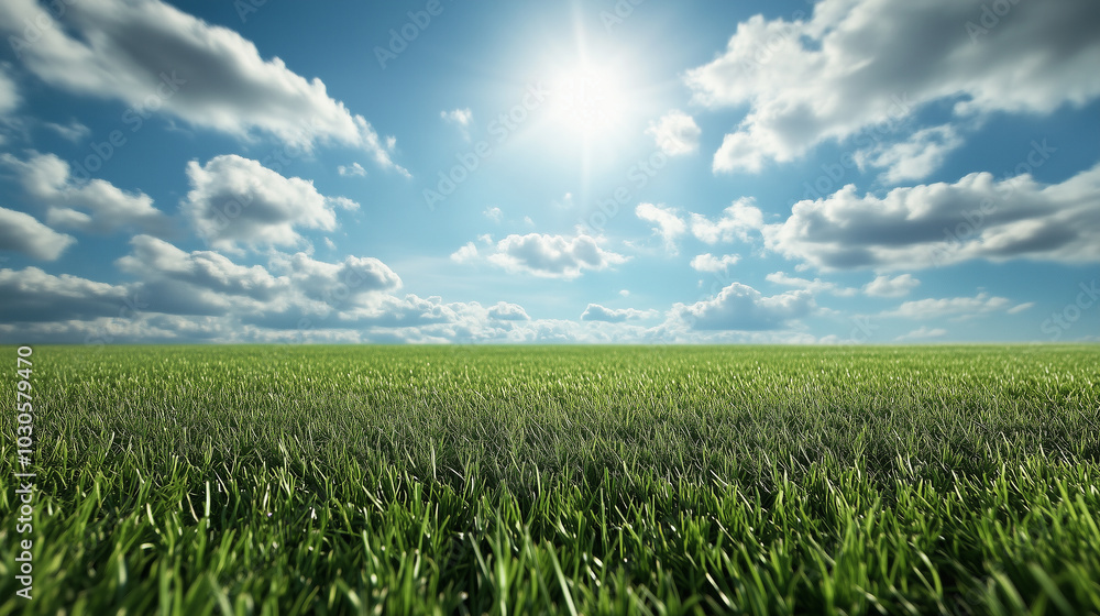 A sprawling field of green, stretching as far as the eye can see under a brilliant blue sky, with soft, white clouds lazily drifting across the horizon, evoking purity and natural A sprawling field of green, stretching as far as the eye can see under a brilliant blue sky, with soft, white clouds lazily drifting across the horizon, evoking purity and natural