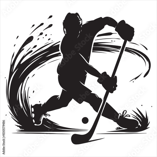 Hockey Stick Mastery Silhouette of a Player Striking  , black colour vactor 