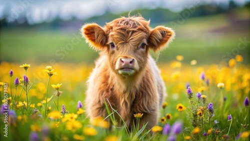 Highland cow calf in meadow with spring flowers, fisheye view