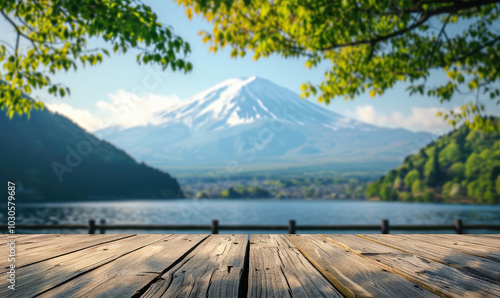The empty wooden table top with blur background of Mount Fuji. Exuberant image