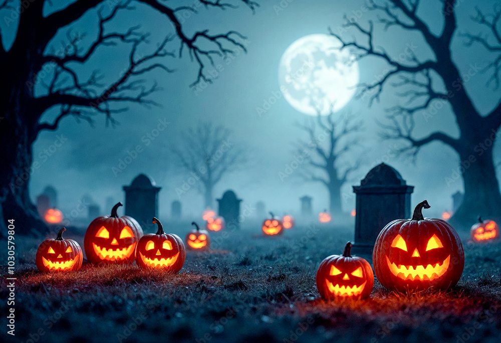 Fototapeta premium Pumpkins in Graveyard on a Spooky Night - Halloween Backdrop