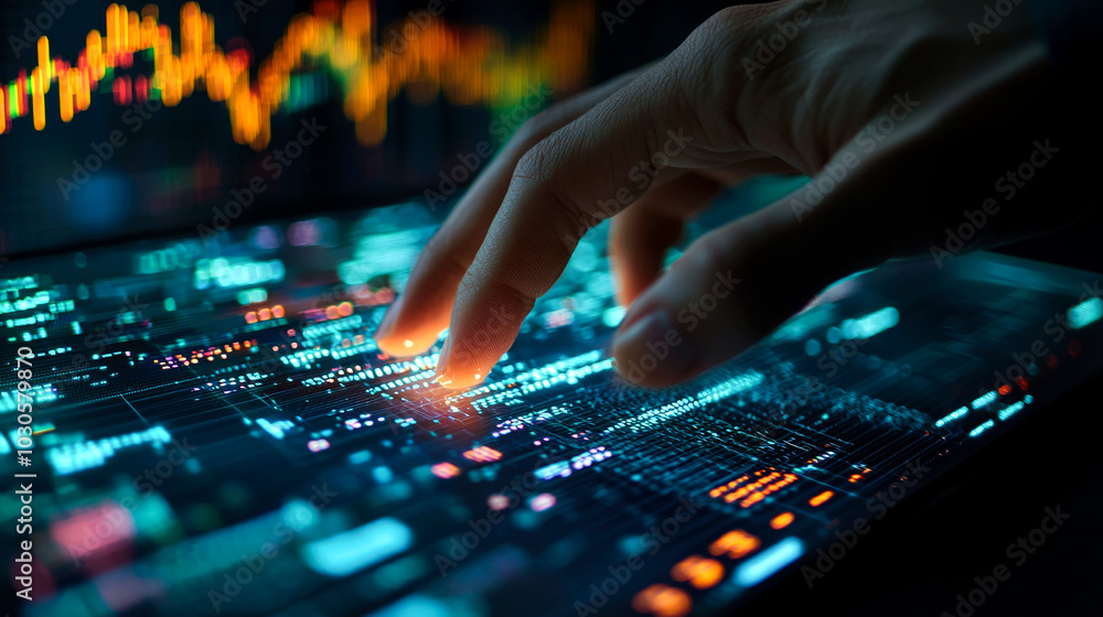 Hand interacting with digital data visualization. Hand interacting with digital data visualization.