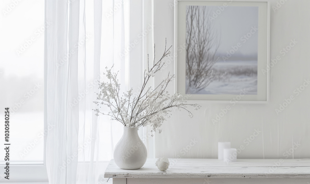 Fototapeta premium A delicate vase adorns a tall white window, resting on a white wooden table. A framed picture of a snowy landscape serves as the background