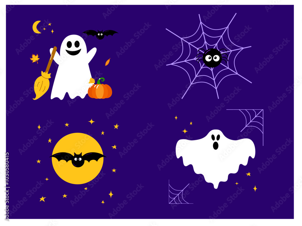 Collection of Halloween scenes with cute and funny fairy cartoon characters - ghost, bat, spider on web, moon, pumpkin. Cartoon colorful vector illustration.
Collection of Halloween scenes with cute and funny fairy cartoon characters - ghost, bat, spider on web, moon, pumpkin. Cartoon colorful vector illustration.