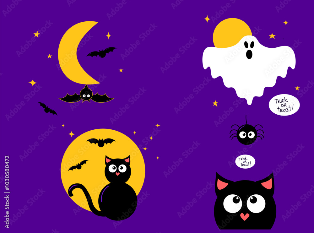 Halloween. Set of moon illustrations with black cat, ghost, bats and spider. Halloween background, sticker, poster, vector cartoon style postcard.
Halloween. Set of moon illustrations with black cat, ghost, bats and spider. Halloween background, sticker, poster, vector cartoon style postcard.