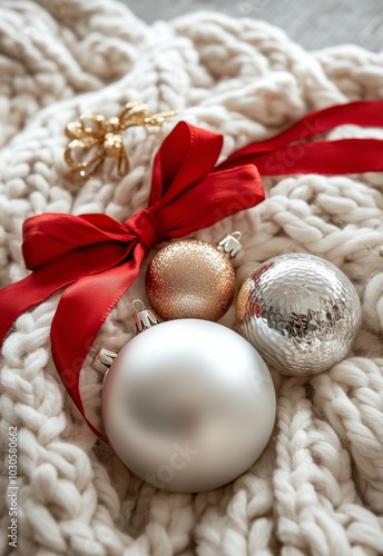 Cozy holiday decorations of silver and gold ornaments on a knitted blanket with warm lights