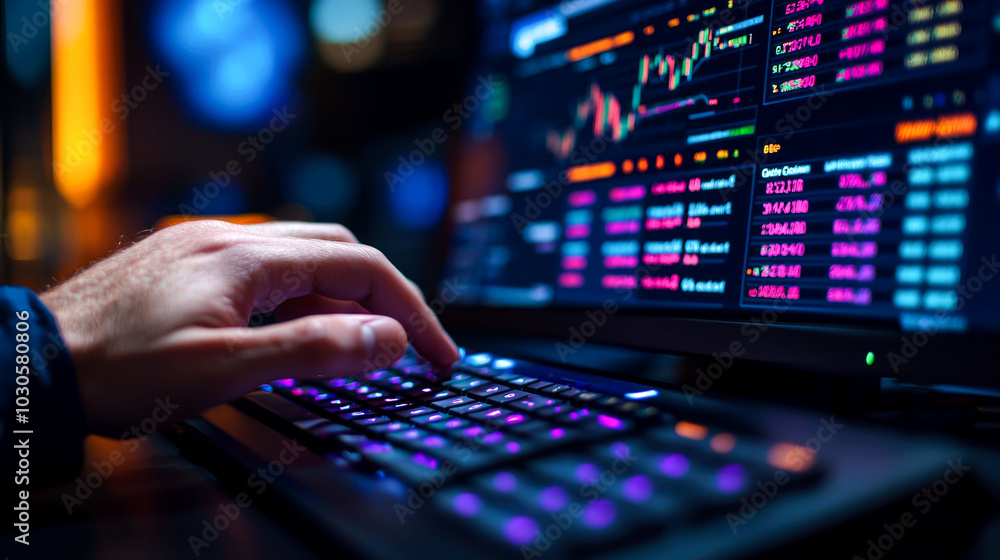 Hand typing on a keyboard with stock market graphs. Hand typing on a keyboard with stock market graphs.