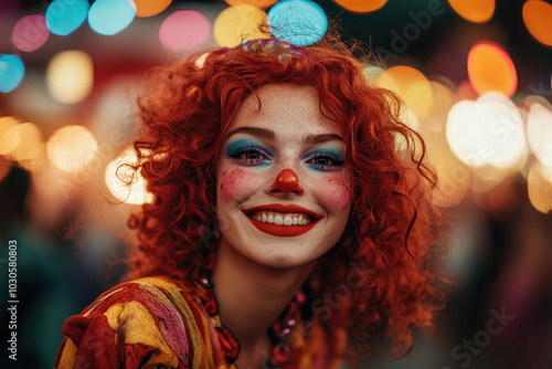 A young woman with curly red hair and colorful clown makeup smiles at the camera, dressed in a circus costume against a background of carnival atmosphere.