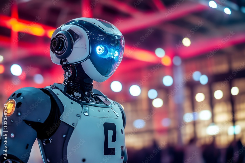 Futuristic robot standing in a vibrant environment. The blue lights highlight its features. Perfect for technology and science fiction themes. Generative AI Futuristic robot standing in a vibrant environment. The blue lights highlight its features. Perfect for technology and science fiction themes. Generative AI
