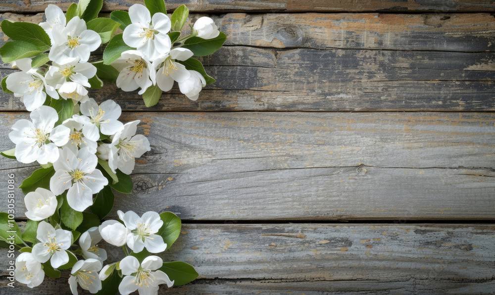 Spring apple blossoms flowering branch on wooden background with copy space Spring apple blossoms flowering branch on wooden background with copy space