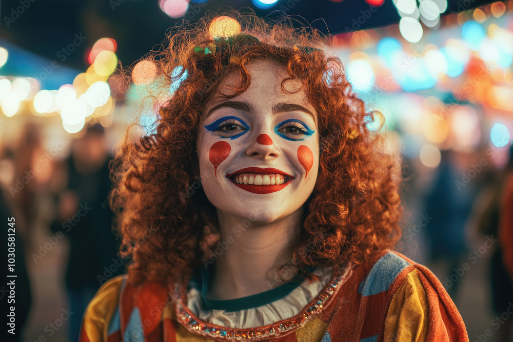 A young woman with curly red hair and colorful clown makeup smiles at the camera, dressed in a circus costume against a background of carnival atmosphere. A young woman with curly red hair and colorful clown makeup smiles at the camera, dressed in a circus costume against a background of carnival atmosphere.