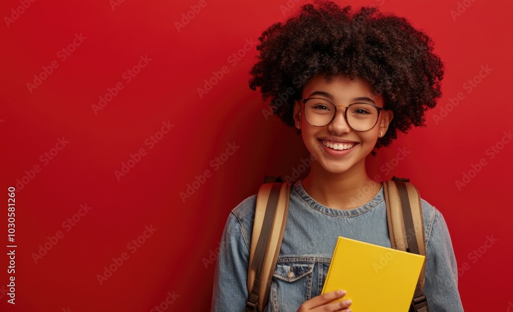 Portrait of a smiling schoolgirl with an afro hairstyle, wearing a backpack and glasses isolated on a red background. Portrait of a smiling schoolgirl with an afro hairstyle, wearing a backpack and glasses isolated on a red background.