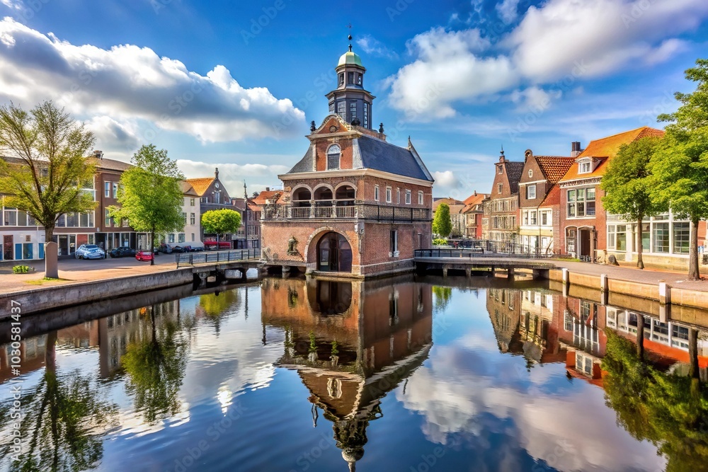 Naklejka premium Historic weigh house and symmetrical Zijdam canal at Alkmaar