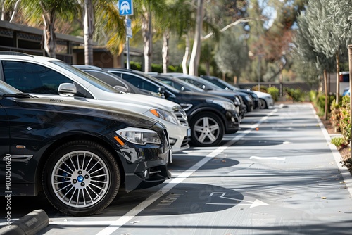 Row of modern cars parking in an outdoor parking lot