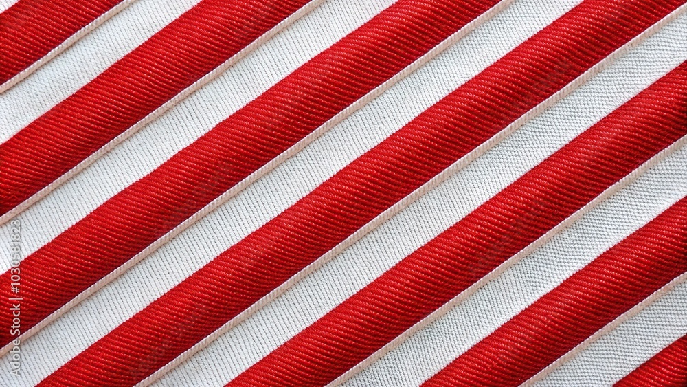 Fototapeta premium Holiday background of red and white diagonal stripes material, extreme close-up