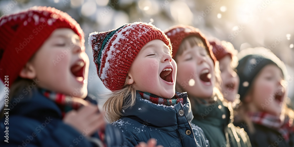 Obraz premium Cheerful children doing door-to-door carol singing on Christmas eve. Group of kids caroling on the street during festive holidays. Traditional Christmas activities.