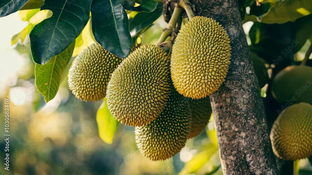 Jackfruit grow on a tree branch in the summer sun Jackfruit grow on a tree branch in the summer sun