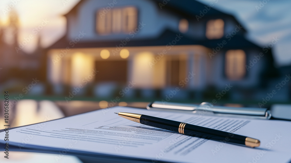 Fototapeta premium A close-up view of a pen and clipboard on a table filled with property papers, with the background showing a dusk-lit home, representing the significance of mortgage paperwork.