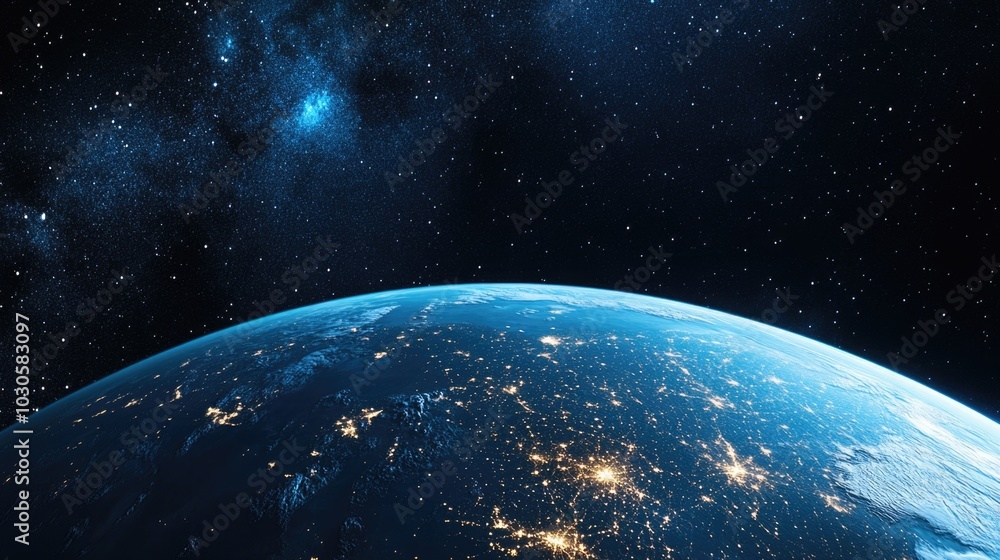 Earth planet, glowing stars in the dark sky. Earth planet, glowing stars in the dark sky.