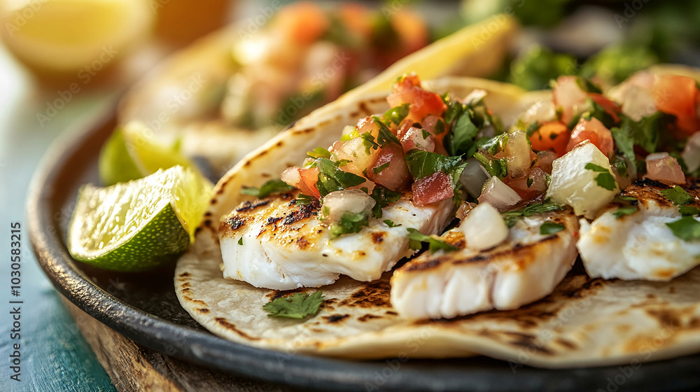 Plate of fish tacos with lime wedges and salsa on it Plate of fish tacos with lime wedges and salsa on it