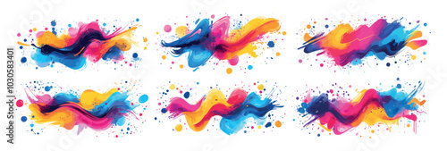 Abstract wave surge ripple with colored brush strokes cartoon vector set. Flow splatter tide blobs stains splash drops spots drips dots, illustrations isolated on white background