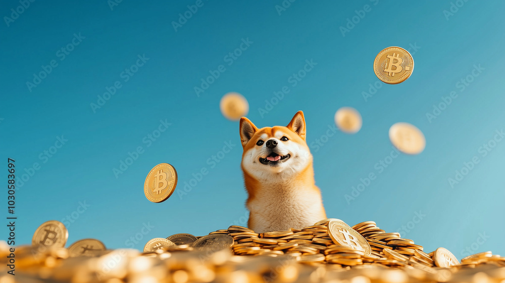 Fototapeta premium Doge, the Shiba Inu meme, sitting atop a mountain of coins with dollar signs and Bitcoin logos floating around, capturing the playful side of the cryptocurrency boom.