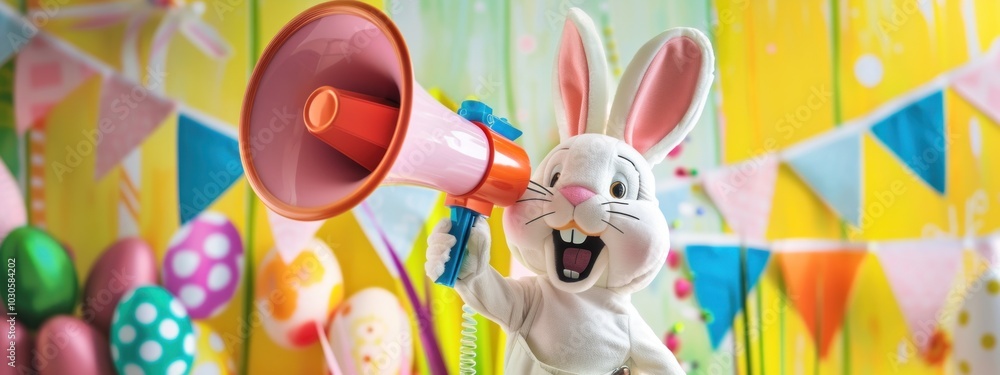 Fototapeta premium Excited cartoon bunny with megaphone celebrating Easter amid colorful decorations