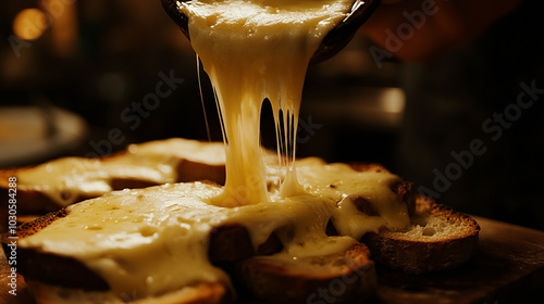 Raclette cheese melting and poured over bread savory photo