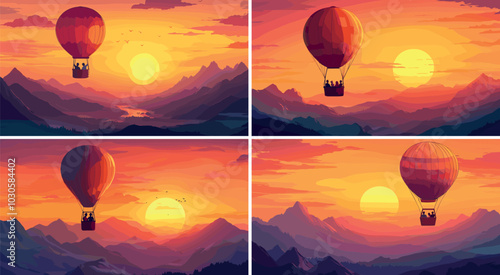 Air balloon romantic couple flying cartoon vector concepts. Hot aerostat basket man woman group together characters forest mountain valley panoramic sunset horizon love soaring journey landscape
