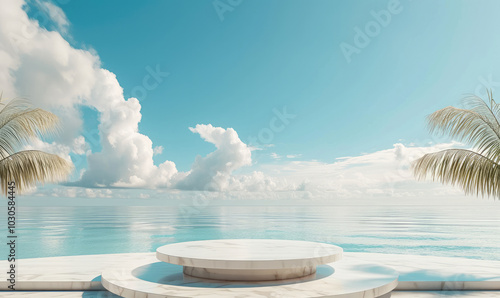 on beach with blue sky and white clouds abstract background. Tropical summer and vacation concept. Graphic rendering illustration design