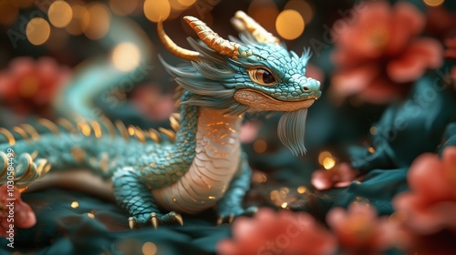 emerald green dragon, with red camellia flowers in the background, a golden and colorful color scheme