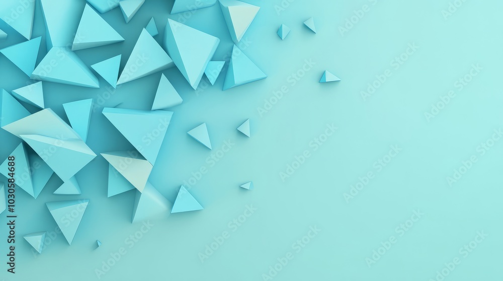 Fototapeta premium Abstract blue triangles scattered on a light blue background with copy space.